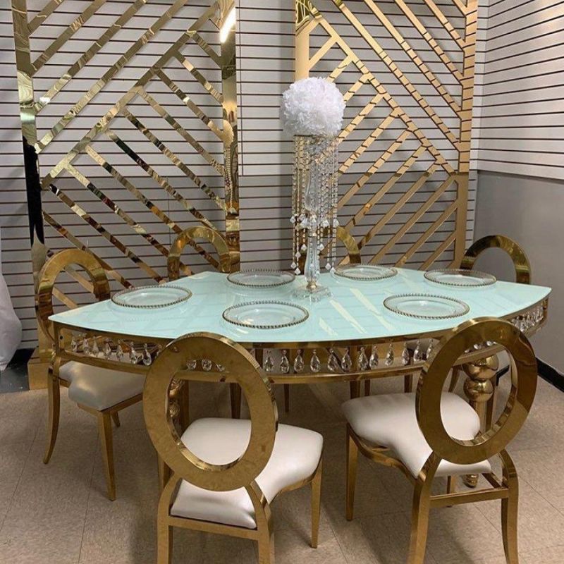 Sawa Long Shape Golden Stainless Steel Frame Serpentine Dining Table Set Luxury