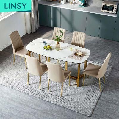 Linsy Restaurant Marble Modern Dining Furniture Luxury Stone Top Dining Table with Gold Legs Lh001r1