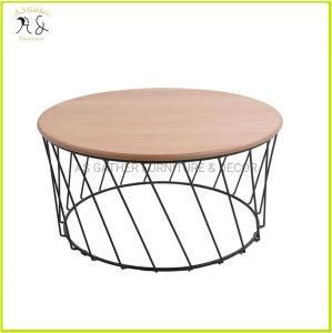 Modern Design Grid Metal Base Round Center Table Oak Low Coffee Table