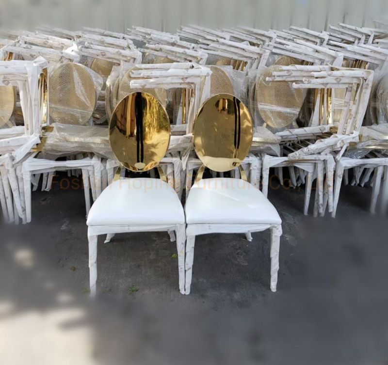China Supplier Furniture Market White Outdoor Wedding Chair Banquet Chair Event Party Dining Furniture Gold Stainless Steel Chair