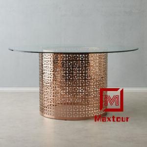 Decorative Pattern Stainless Steel Base Round Glass Top Dining Table