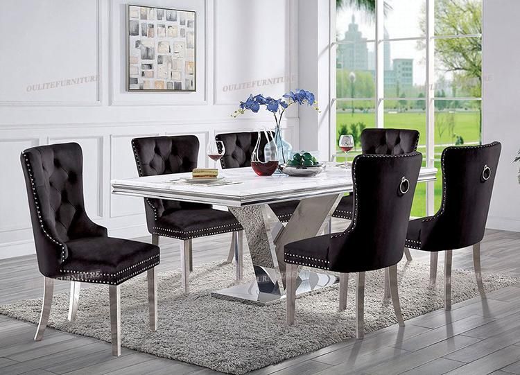 Stainless Steel Base White Marble Dining Table with 6 Chairs