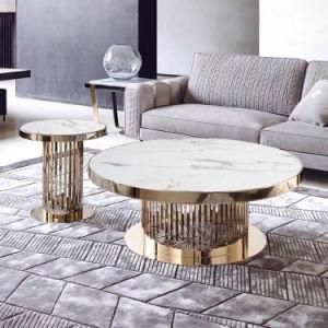 Italian Luxury Gold Metal Base Round Sintered Stone Living Room Table Set Side Table
