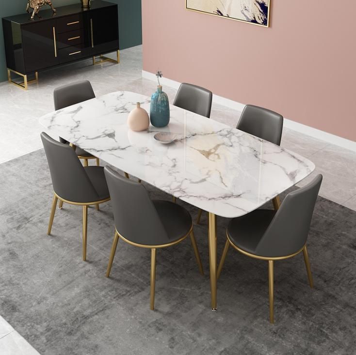 Modern Design House Furniture White Polished Marble Dining Table with 6 Chairs Golden Frame for Dining Room