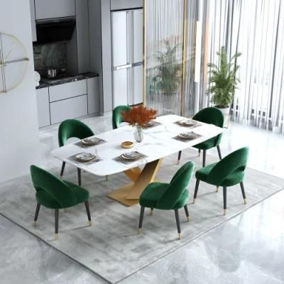 Modern Restaurant Luxury Home Sintered Steel Table Wooden Fabric Green Chairs Dining Furniture