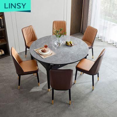 Linsy Folding Rectangle Round Dining Table with 6 Chaor Dining Room Furniture Ls058r6