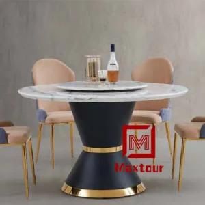 Strong Metal Base Round Dining Table Marble Top