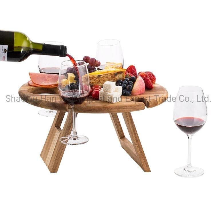 Round Collapsible Acacia Wood Snack Table for Outdoor Picnic