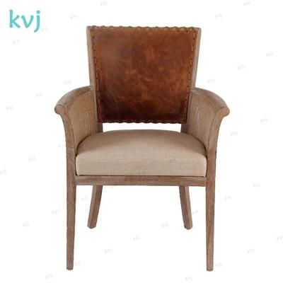 Kvj-7089 High Class Leather Linen Solid Wood Dining Armchair