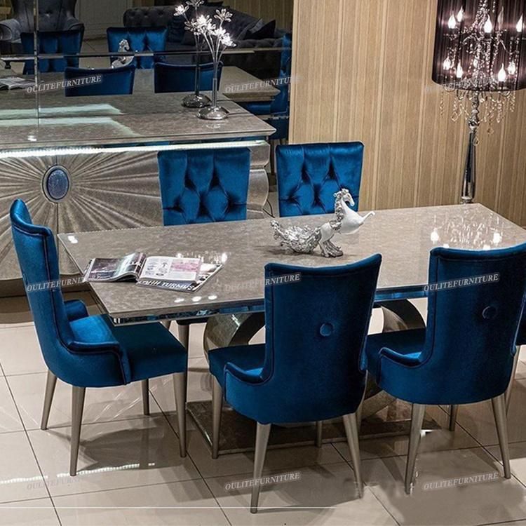 High Back Blue Velvet Fabric Dining Chairs with Metal Legs