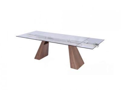 New Design Glass Dining Table with Steel Frame Wooden Legs