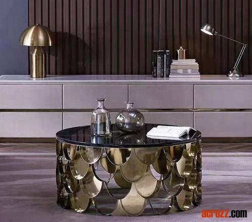 Factory Gold Silver Stainless Steel Plating Marble Glass Desktop Glass Luxury Fish Scale End Side Coffee Table