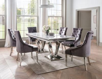 Modern Solid Marble Dining Table Stainless Steel and Italian Grey Velvet Fabric Chairs