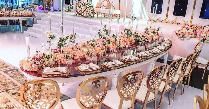 Outdoor Gold Stainless Steel Wedding Venue Royal White Leather Chairs