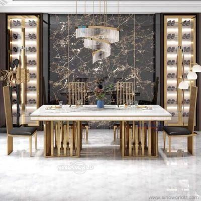 Living Room Rectangle Stainless Steel Mirror Marble Top Wedding Table with Chairs