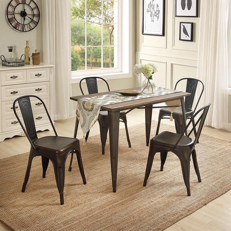 Rectangular Home Furniture Set Metal Dining Table with Solid Wood Top