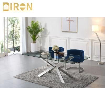 Foshan Furniture Stainless Steel Base Rectangle 12mm Tempered Glass Dining Table