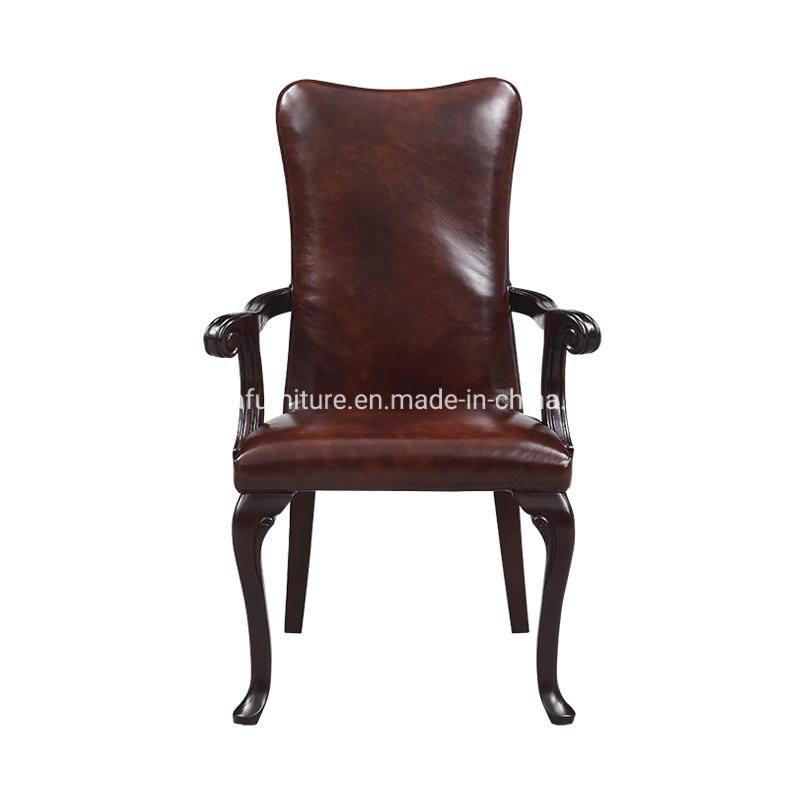 Genuine Leather Luxury Style Wooden Dining Chair with Armrest