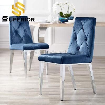 Button Back Blue Velvet Dining Chair with Metal Chrome Legs