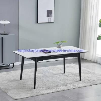 Hot Selling Popular Design Sintered Ceramic Stone Withe Black Top Wooden Leg with Powder Coated Dining Table