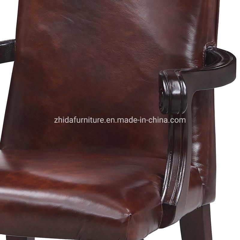 Genuine Leather Luxury Style Wooden Dining Chair with Armrest