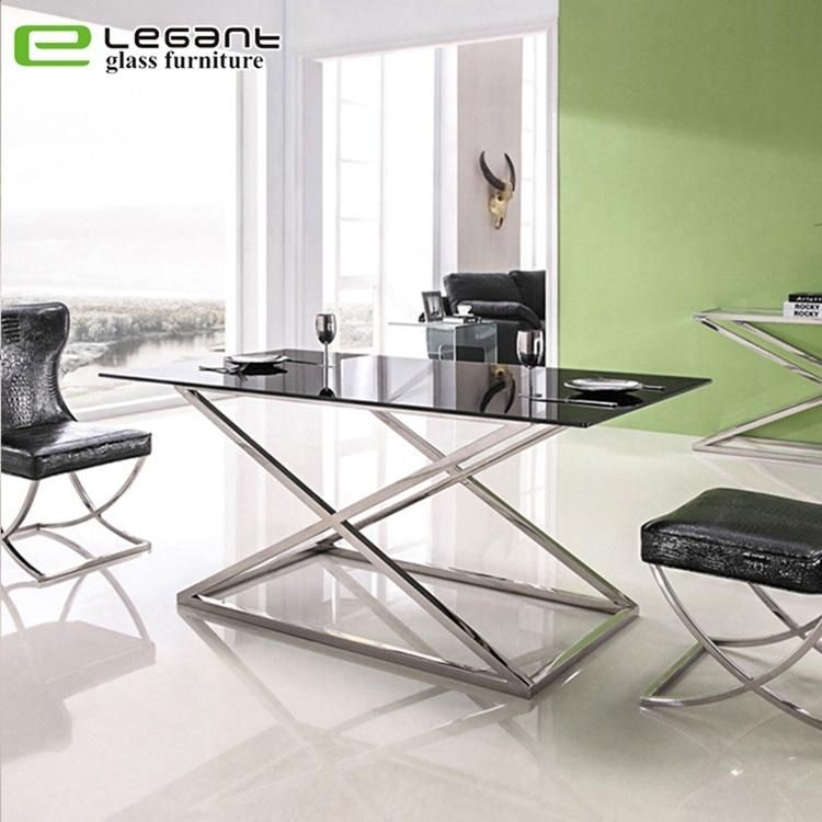 Square Grey Tempered Glass Dining Table with Stainless Steel Legs