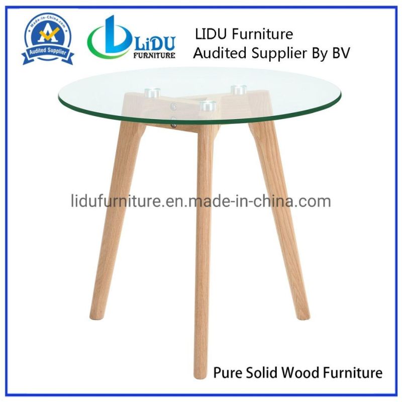 Best Price Glass Transparent Round Coffee Dining Table with Wooden Legs Dining Table Set