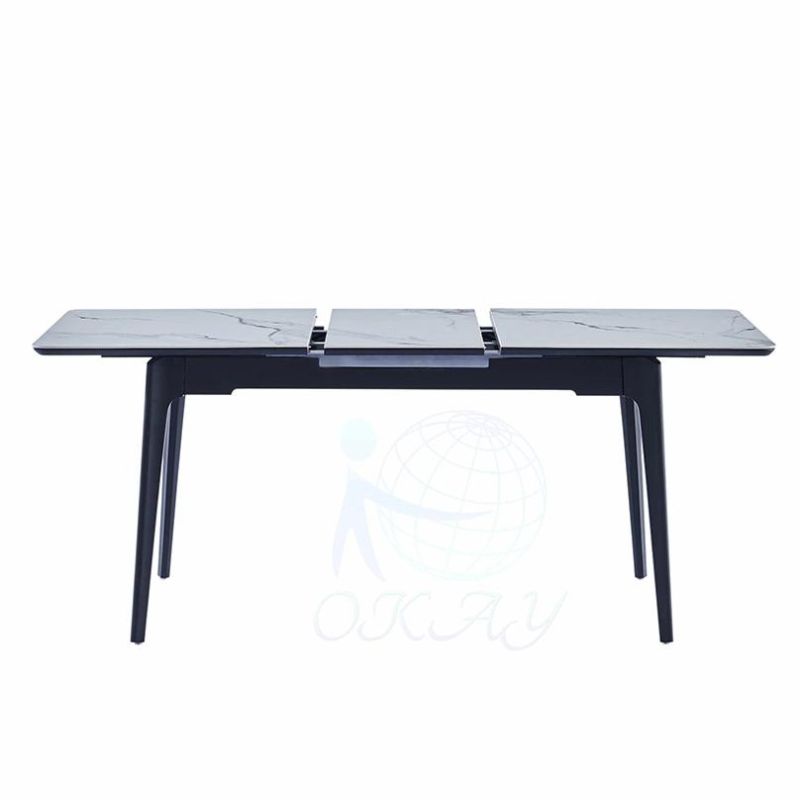 Hot Selling Popular Design Sintered Ceramic Stone Withe Black Top Wooden Leg with Powder Coated Dining Table