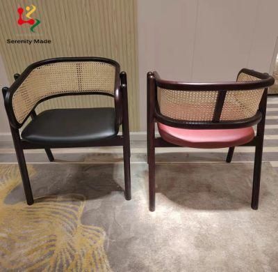 New Arrival Antique Natural Wood Frame Commercial Restaurant Hotel Resort Rattan Cane Back Leather Seat Indoor Dining Chair