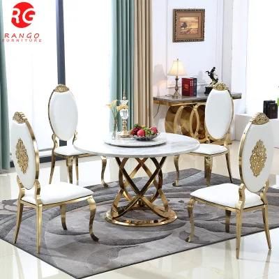 Round Golden Stainless Steel Wholesale Luxury Dining Table Small Rotating Top Dining Table and 6 Dining Chairs