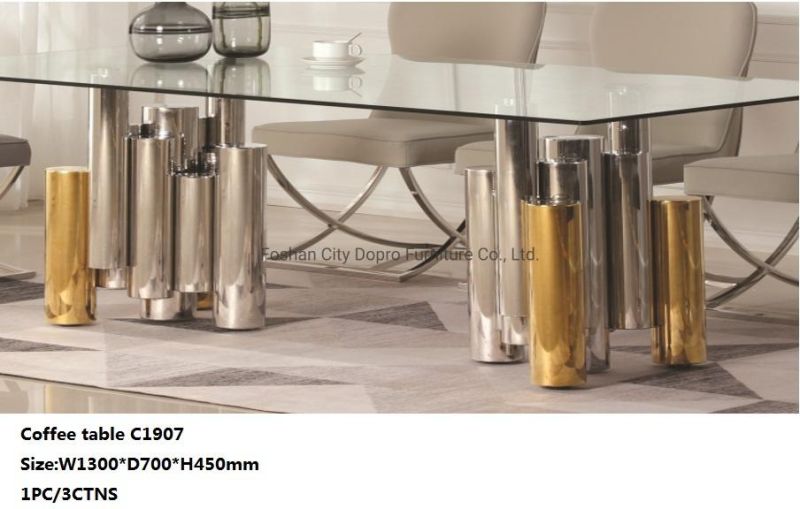 Dopro New Design Stainless Steel Polished Gold Mixed Silver Colour Dining Table D1907 with Clear Tempered Glass