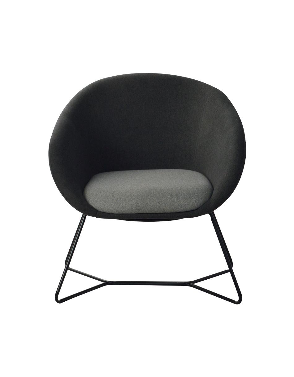 Dark Fabric Frame X-Cross Metal Base Leisure Armchair with Light Grey Cushion for Coffee Shop Use