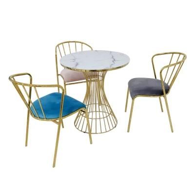 Wholesale Dining Furniture MDF Dining Table Set Gold Chrome Iron Legs Dining Chair Velvet Fabric Chair