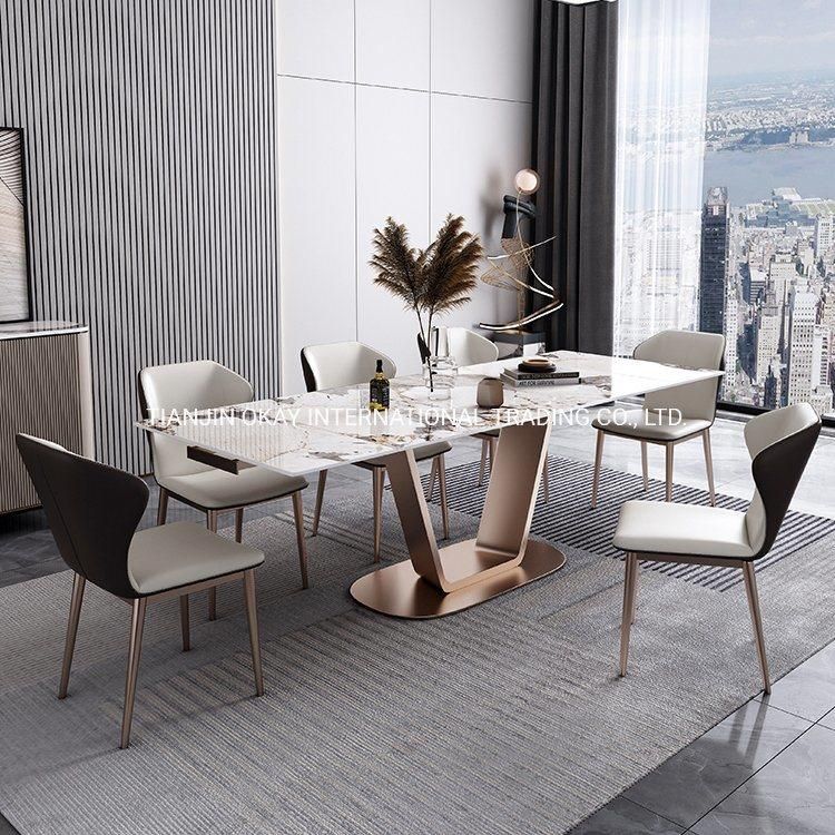 Modern Luxury Rectangle Restaurant Shape White Black Four Six Seater Iron Metal Sintered Stone Dining Tables