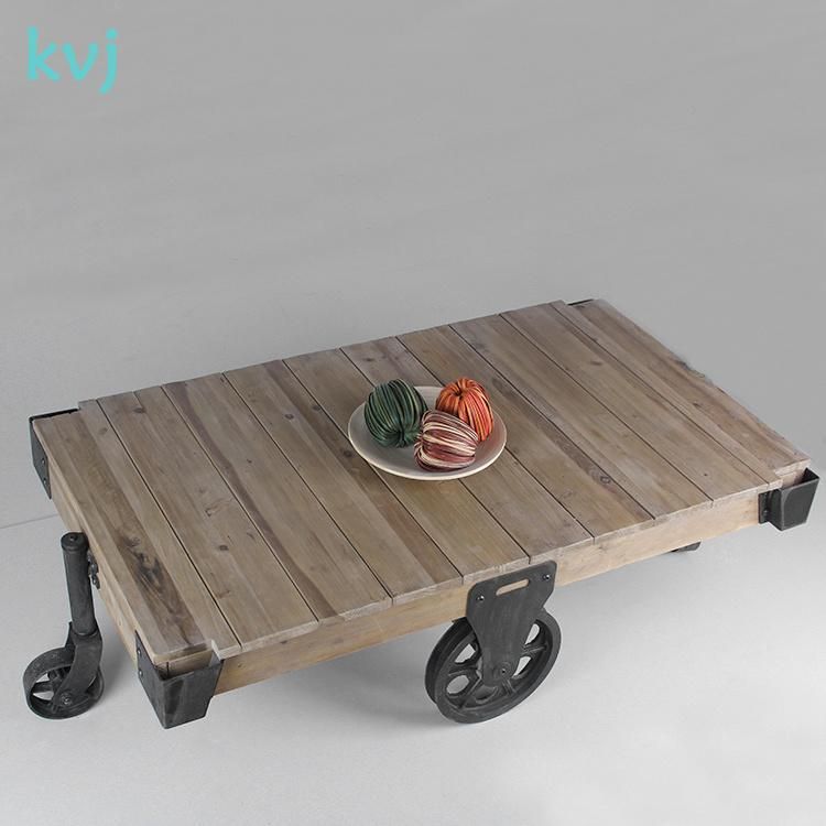 Kvj-7332 Rustic Antique Reclaimed Fir Coffee Table with Wheels