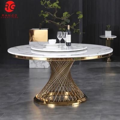 Luxury Metal Round Gold Stainless Steel Legs Dining Table and Chair Sets Turntable Dining Table Rand 6 Chairs Home Furniture