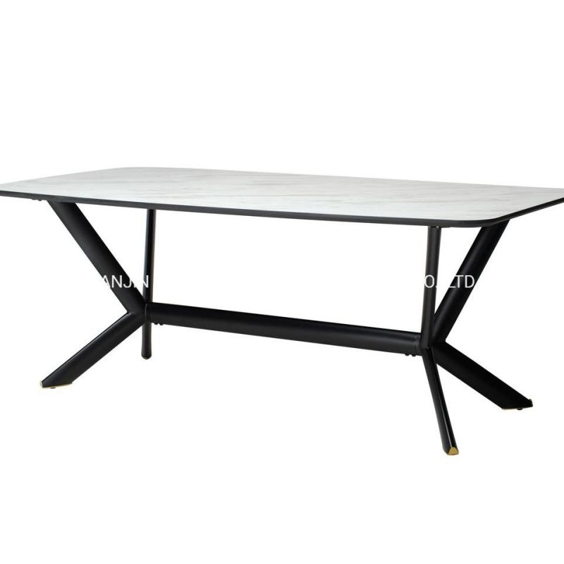 Contemporary New Design Luxury Sinered Stone Top Dining Table with X Shape Black Iron Leg