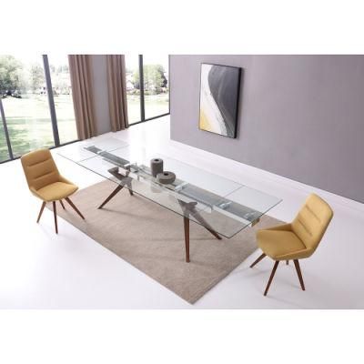 Factory Modern Clear Tempered Glass Dining Table with Wooden Legs