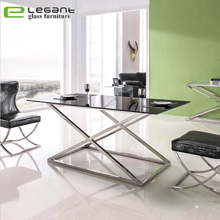 Modern Luxury Stainless Steel Base Top Glass Dining Table