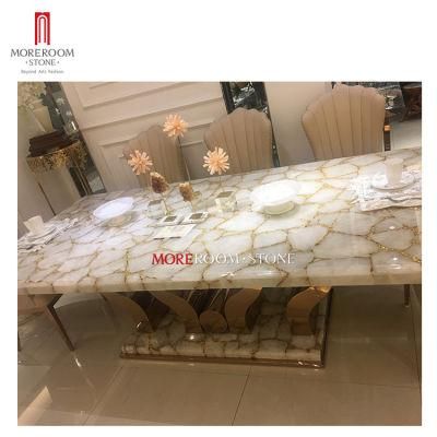 Gemstone Slab Custom Luxury White Crystal Semi Precious Stone Dining Table Top