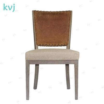 Kvj-7088 Italy Genuine Leather Linen Fabric Oak Dining Chair