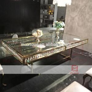 New Gold Stainless Steel and Crystal Frame Glass Top Pedestal Royal Dining Table