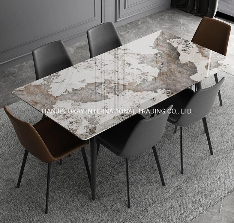 New Rectangular Italian Marble Top and Metal Leg Dining Table Set