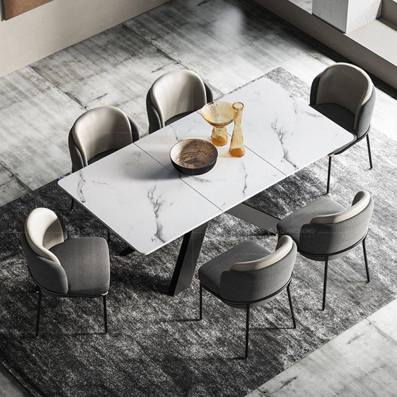 Rectangular Italian Steel 8 Seater Marble Top Dining Table Set