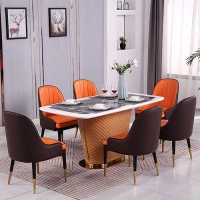 Luxury Dining Room Furniture Leather Finish Stainless Steel Single Leg Natural Marble Square Dining Table with 6 Chairs