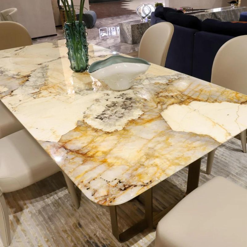 High Quality Luxury Pandora Marble Top Stainless Steel Base Villa Restaurant Living Home Rectangle Dining Table Gt03