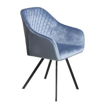 2021 Factory Supply Top One Best Selling Grey Velvet Fabric Dining Chair with Armrest and Black Metal Legs