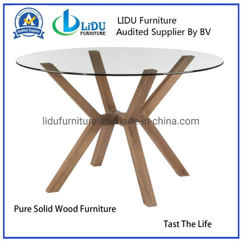 Round Table Best Price Glass Transparent Round Coffee Dining Table with Wooden Legs Dining Room Set