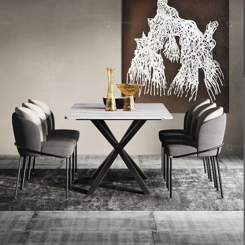 Rectangular Italian Steel 8 Seater Marble Top Dining Table Set