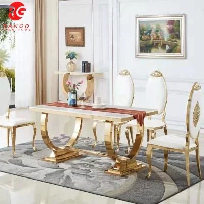 Foshan Factory Home Furniture Restaurant Table Dining Table Set Gold Stainless Steel Dining Table and 6 Dining Chairs